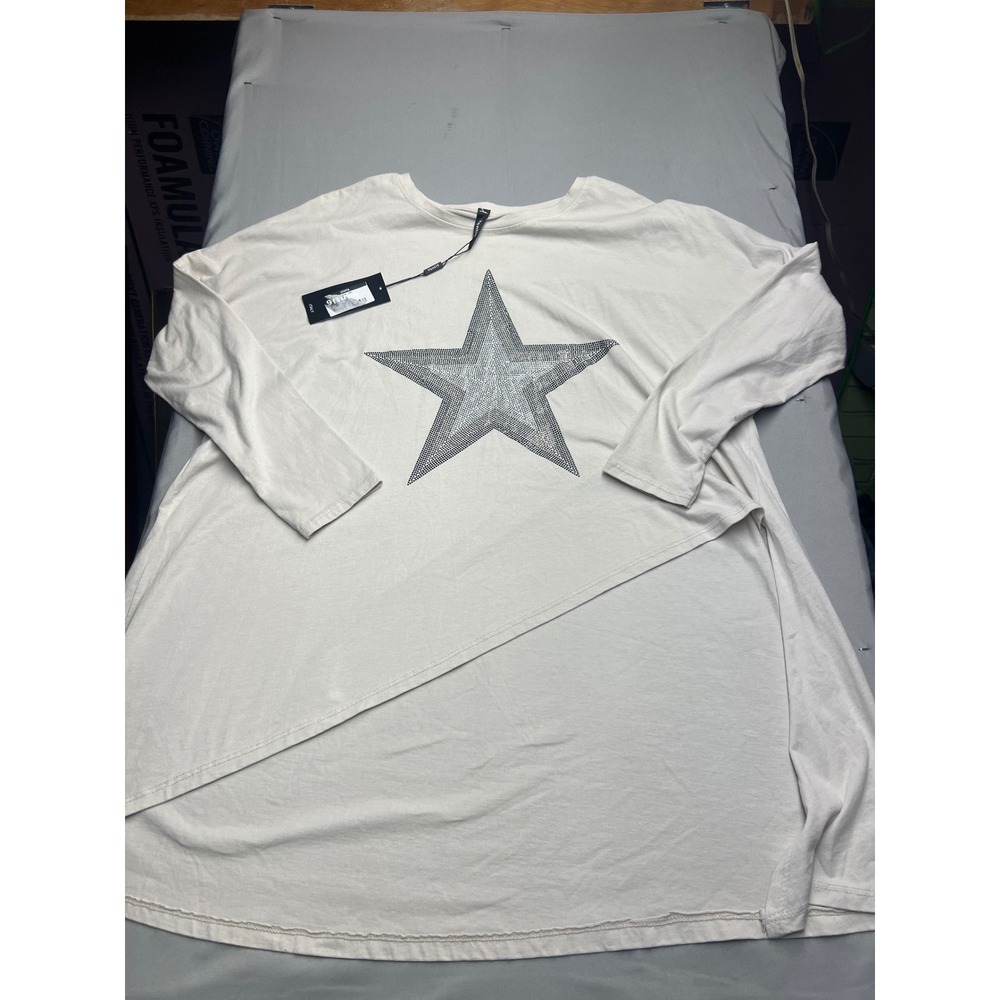Venti6 Made in Italy Rhinestone Star Asymmetrical Tunic Top Cream Small NWT